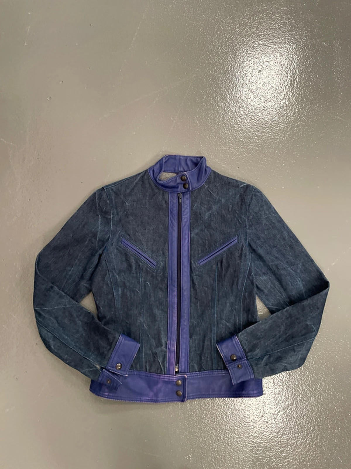 Vintage y2k Denim biker jacket with blue leather waistband and trim