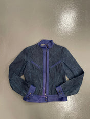 Vintage y2k Denim biker jacket with blue leather waistband and trim