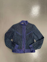 Vintage y2k Denim biker jacket with blue leather waistband and trim