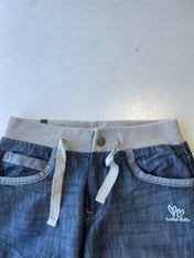 Y2K navy low rise jeans with grey ribbed waistband