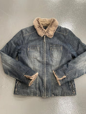 Vintage Y2K principles denim zip up jacket with faux fur trim