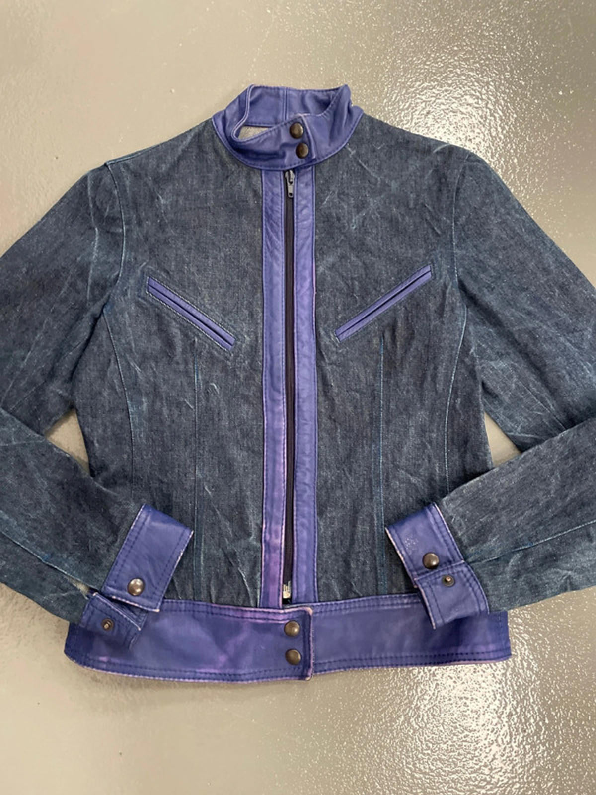 Vintage y2k Denim biker jacket with blue leather waistband and trim