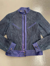 Vintage y2k Denim biker jacket with blue leather waistband and trim
