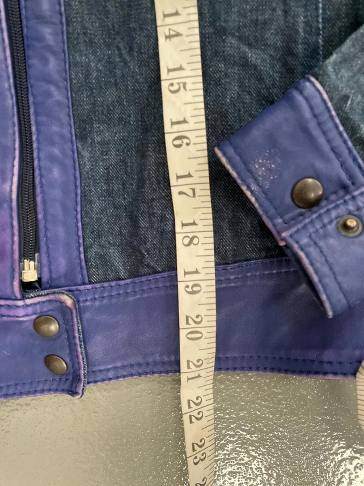 Vintage y2k Denim biker jacket with blue leather waistband and trim