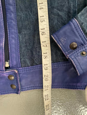 Vintage y2k Denim biker jacket with blue leather waistband and trim