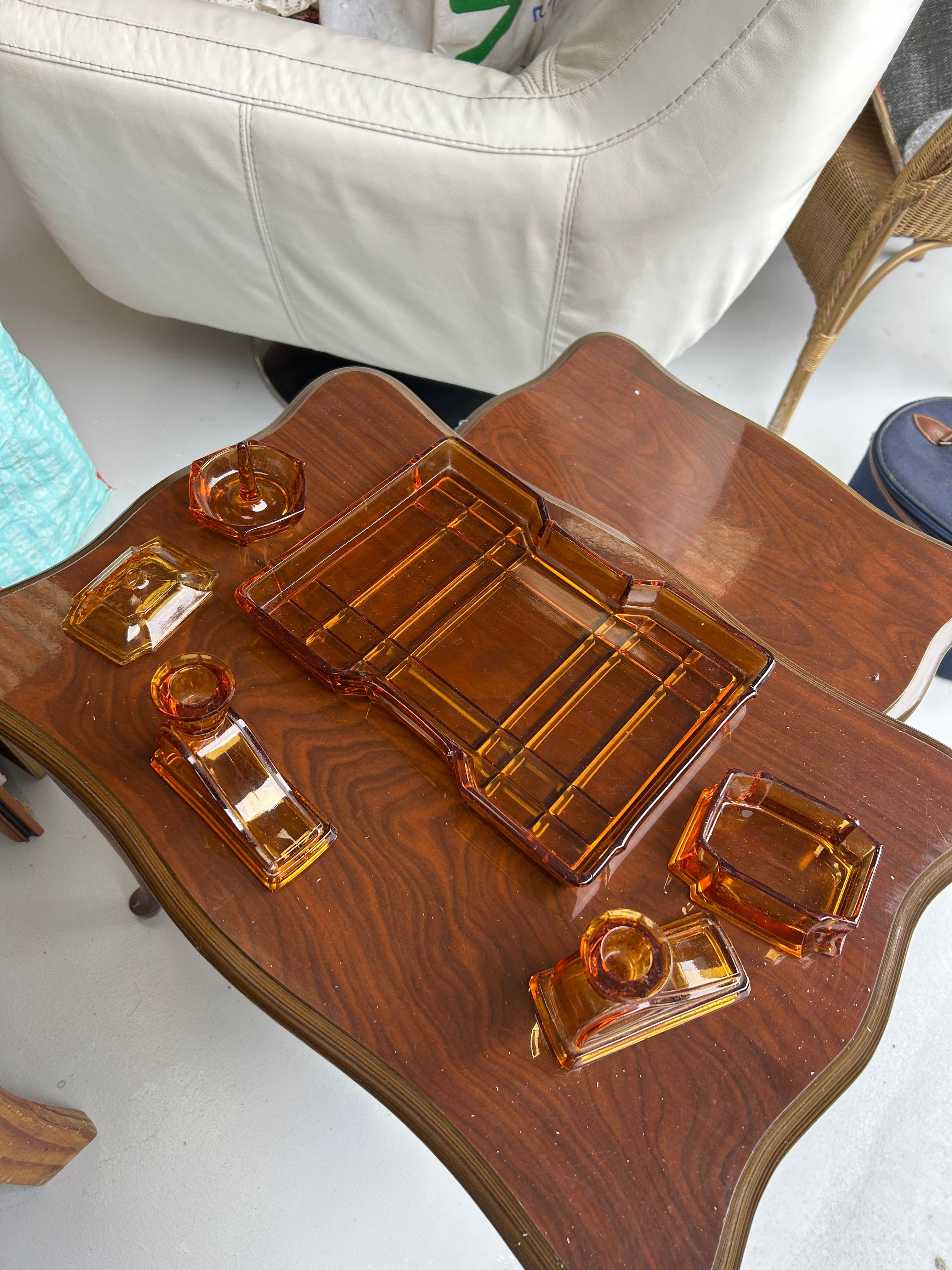 Vintage Art Deco Amber Glass Vanity Set
