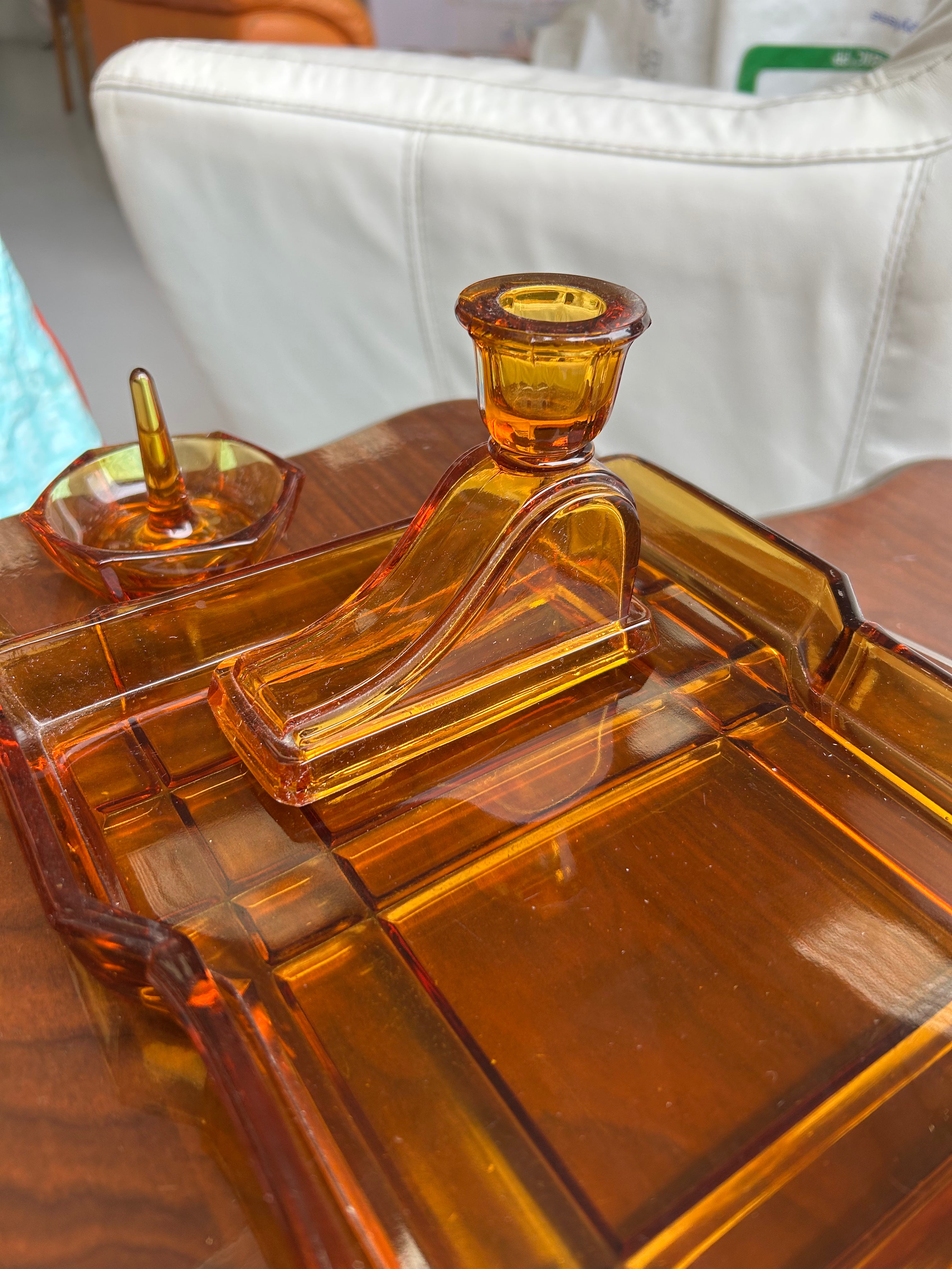 Vintage Art Deco Amber Glass Vanity Set