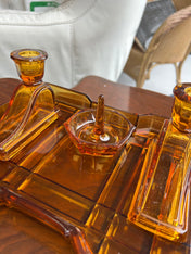 Vintage Art Deco Amber Glass Vanity Set