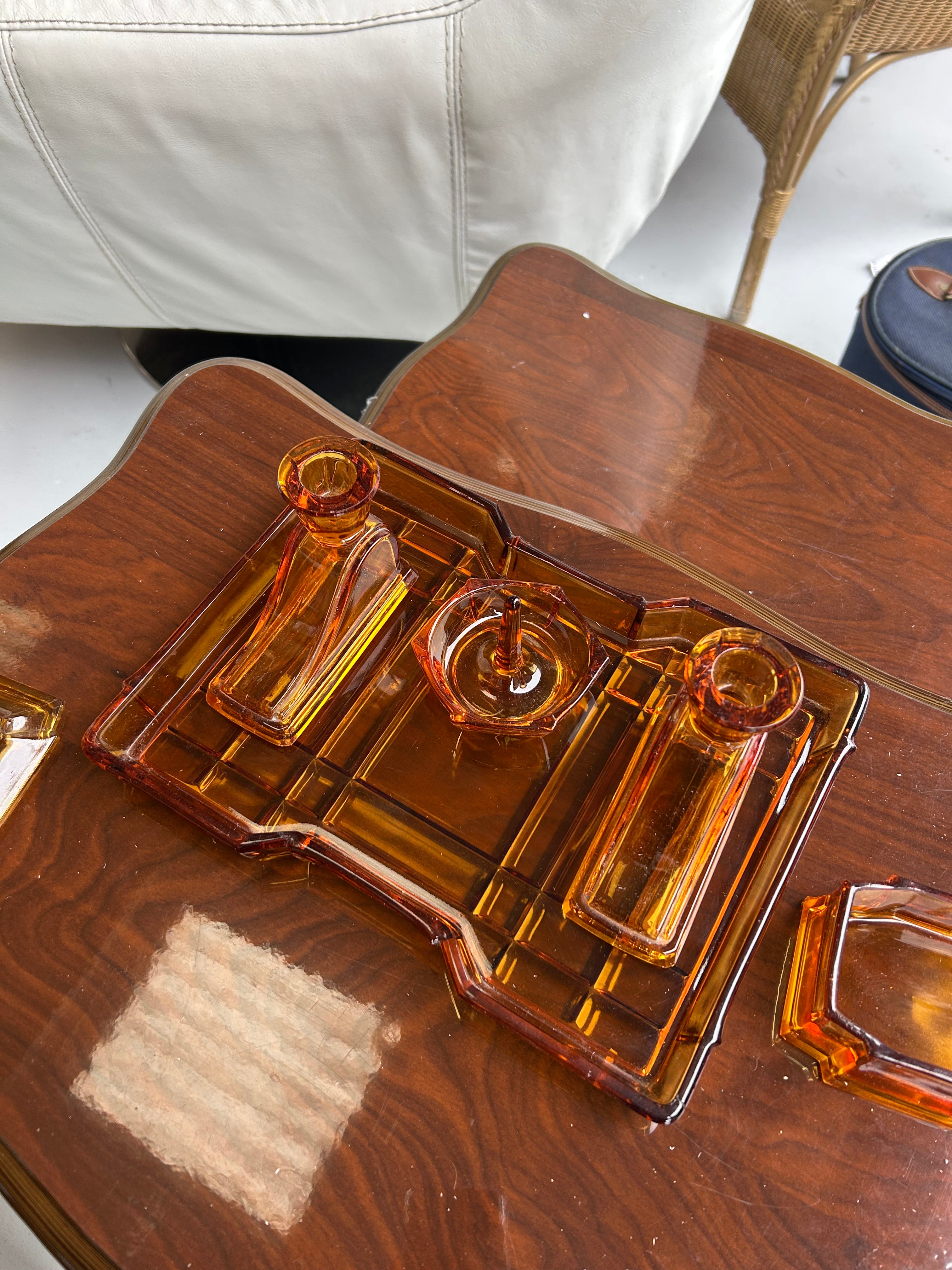 Vintage Art Deco Amber Glass Vanity Set