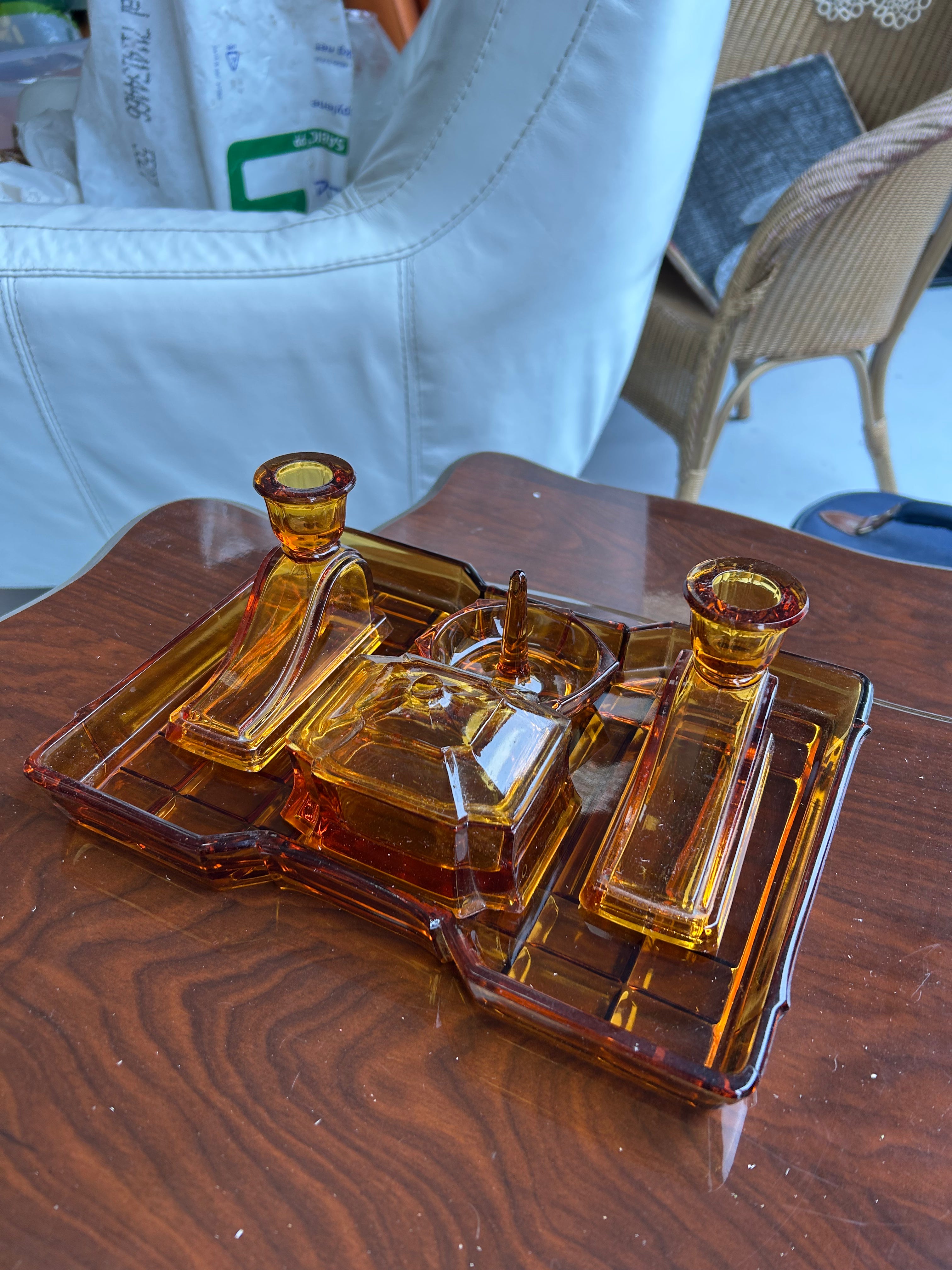 Vintage Art Deco Amber Glass Vanity Set