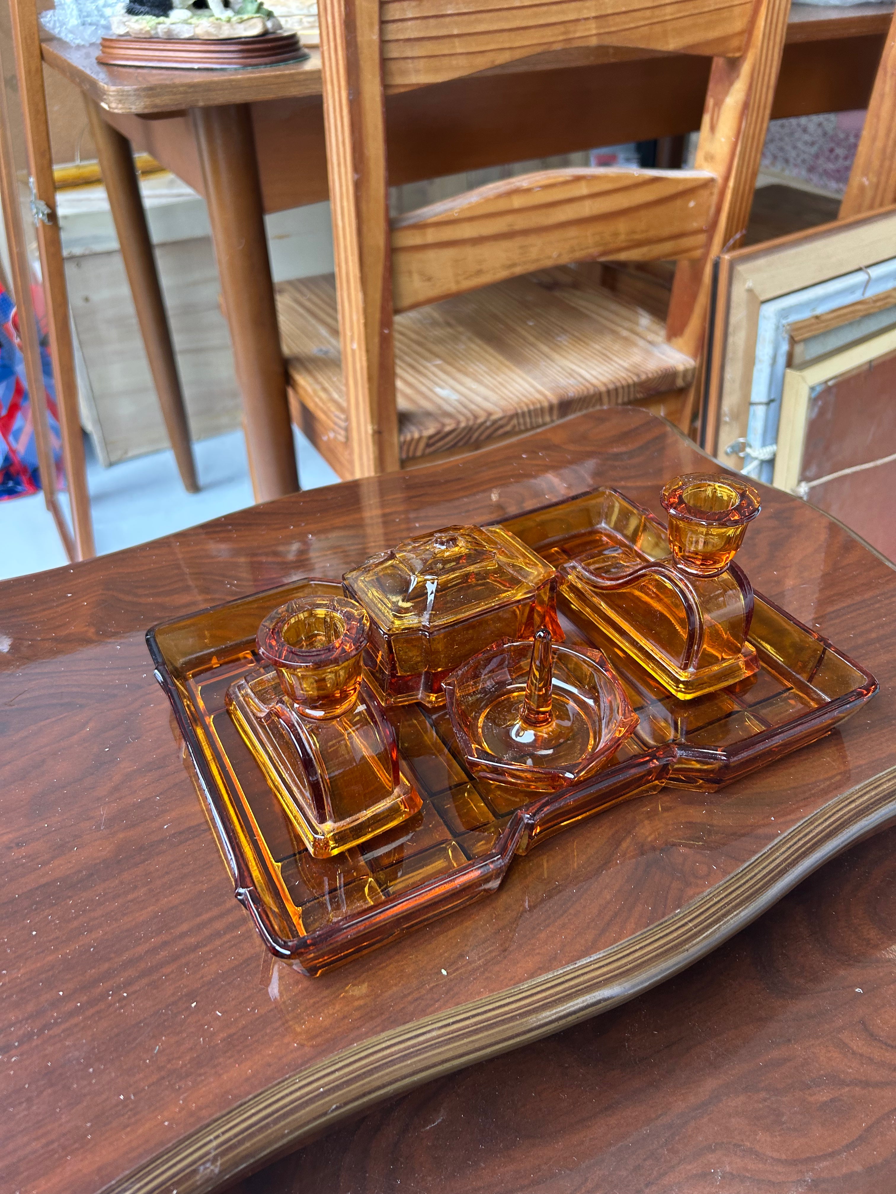 Vintage Art Deco Amber Glass Vanity Set