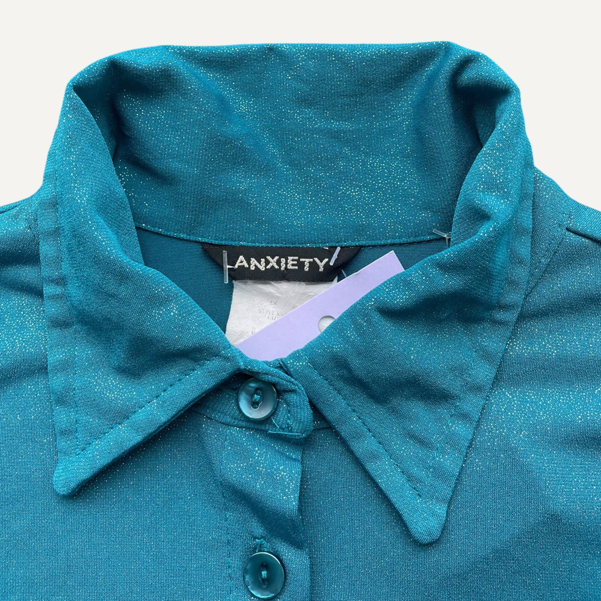 Vintage Y2k Teal Blue Sparkly Flared Sleeved Shirt