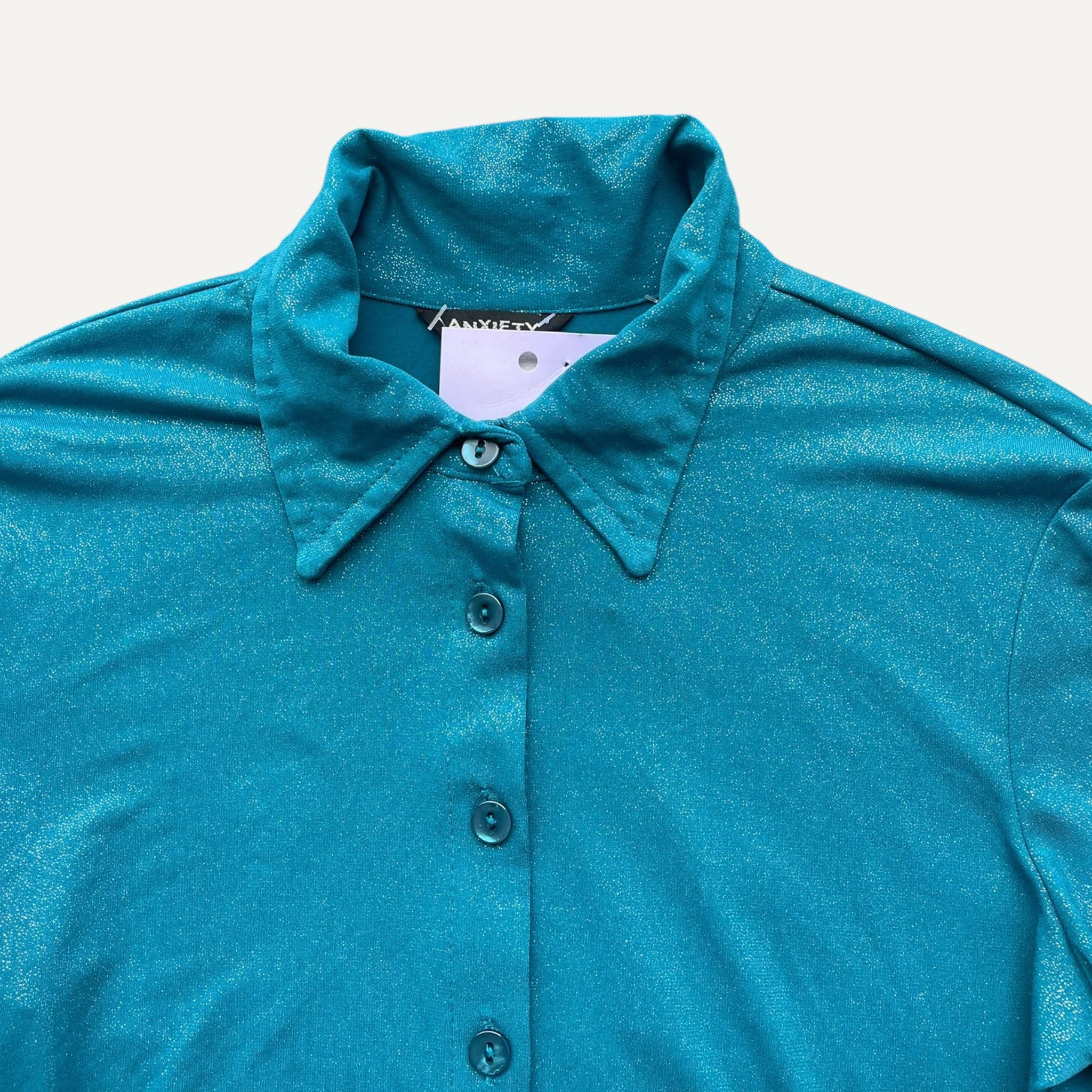 Vintage Y2k Teal Blue Sparkly Flared Sleeved Shirt