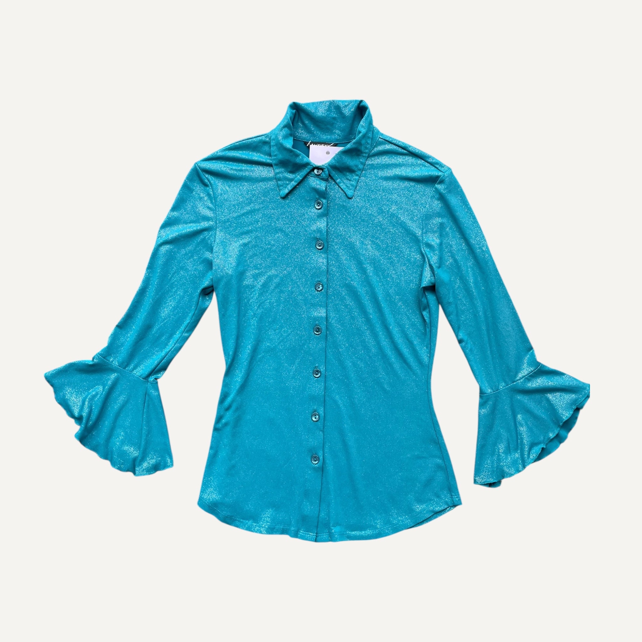 Vintage Y2k Teal Blue Sparkly Flared Sleeved Shirt