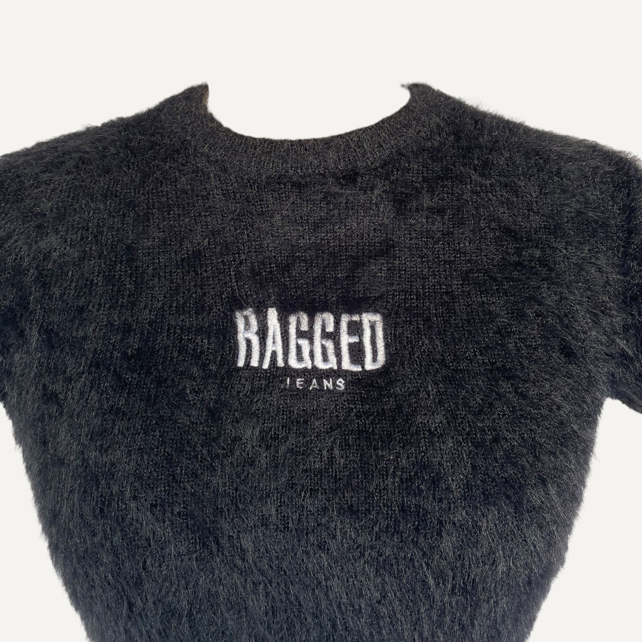 Ragged Jeans Fluffy Textured Black Short Sleeve Cropped Top