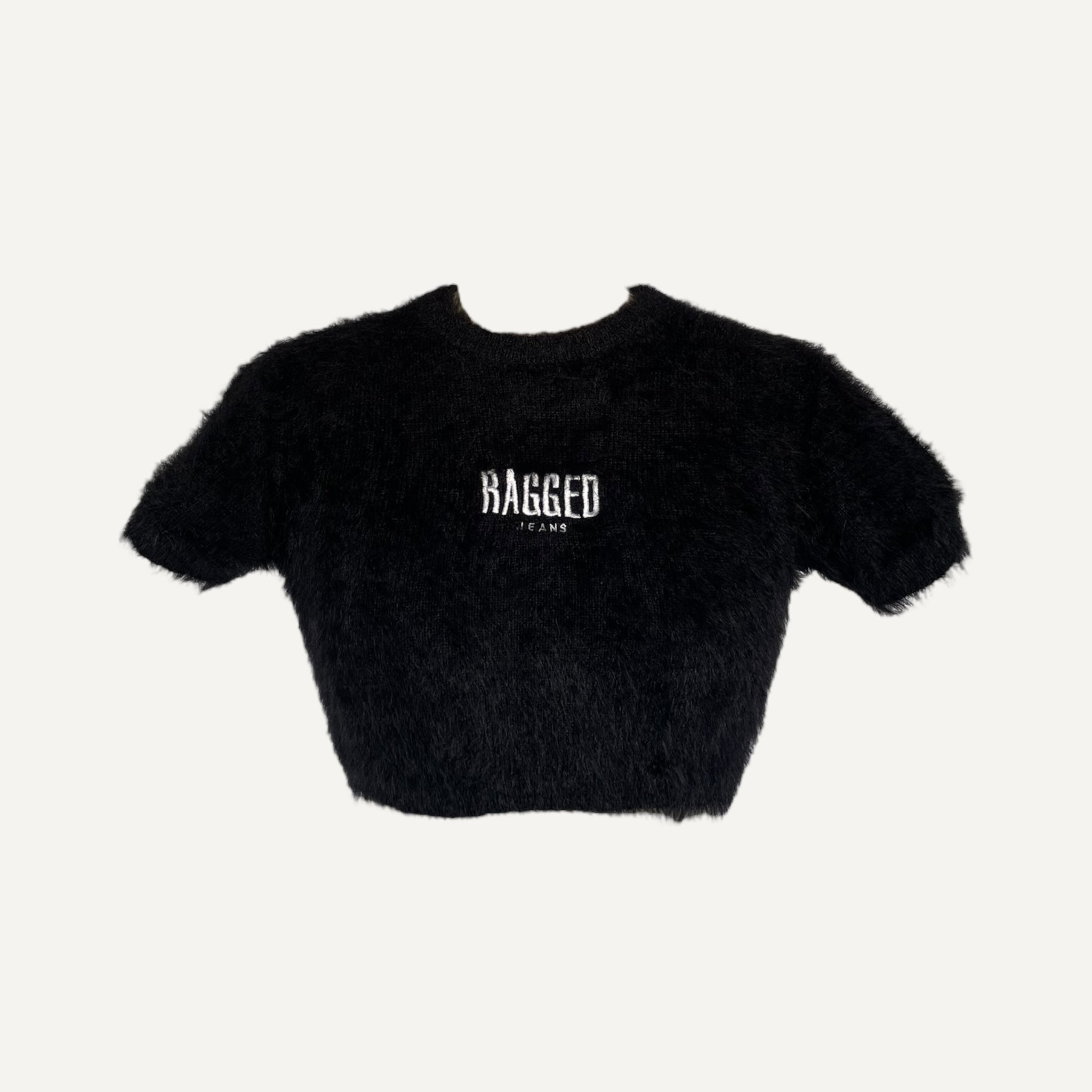 Ragged Jeans Fluffy Textured Black Short Sleeve Cropped Top