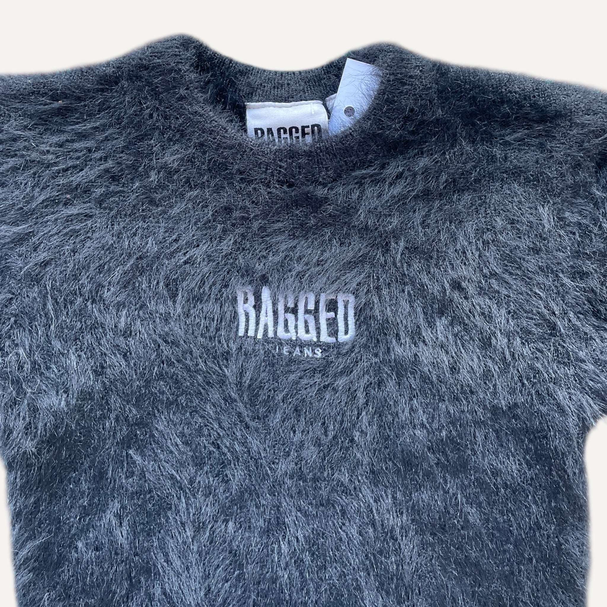 Ragged Jeans Fluffy Textured Black Short Sleeve Cropped Top