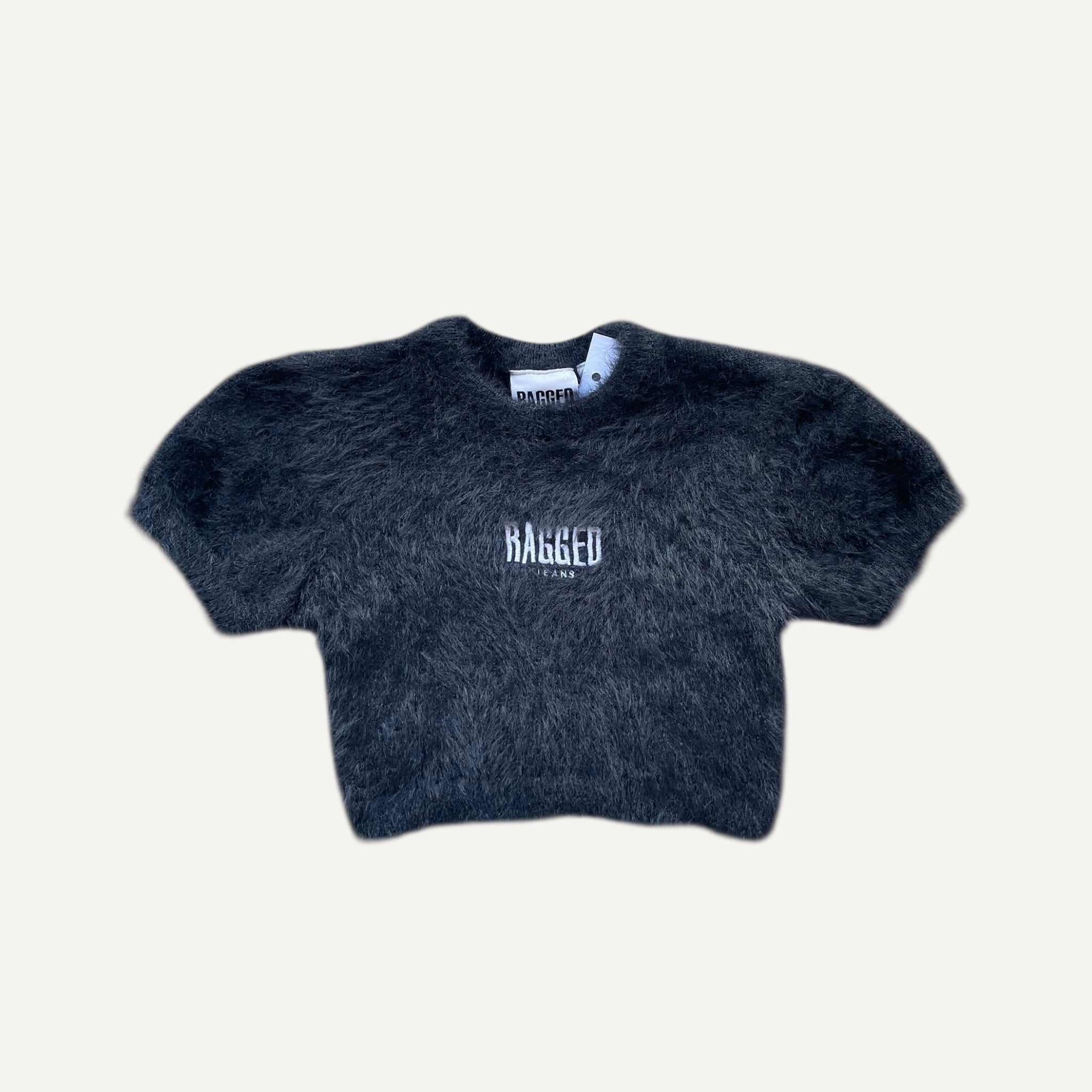 Ragged Jeans Fluffy Textured Black Short Sleeve Cropped Top