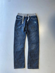 Y2K navy low rise jeans with grey ribbed waistband