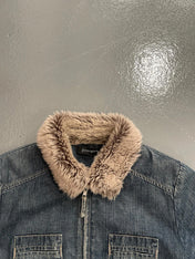 Vintage Y2K principles denim zip up jacket with faux fur trim