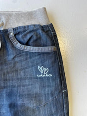 Y2K navy low rise jeans with grey ribbed waistband
