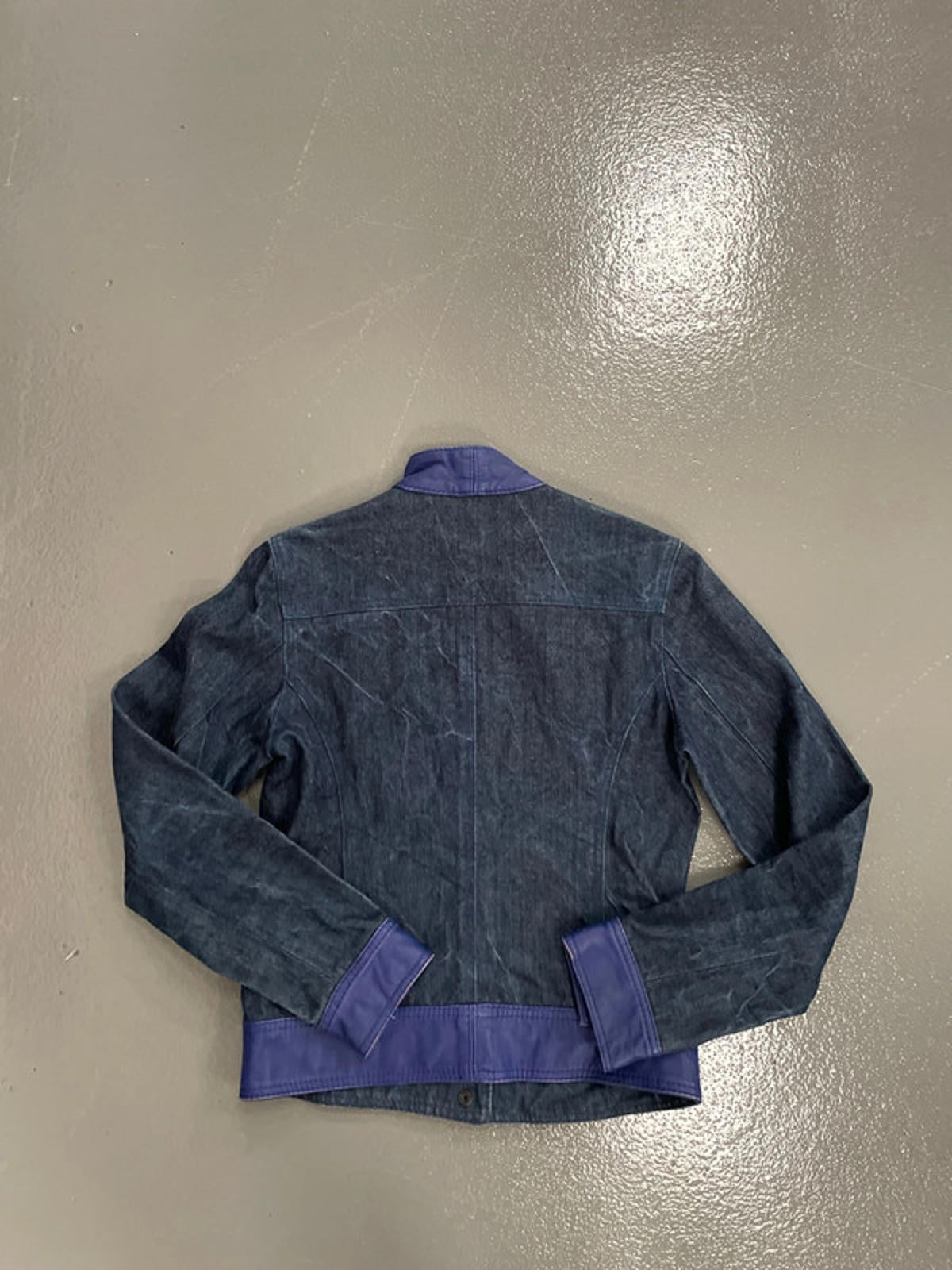 Vintage y2k Denim biker jacket with blue leather waistband and trim