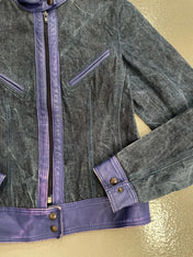 Vintage y2k Denim biker jacket with blue leather waistband and trim
