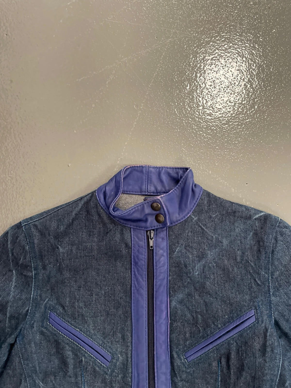 Vintage y2k Denim biker jacket with blue leather waistband and trim