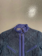 Vintage y2k Denim biker jacket with blue leather waistband and trim