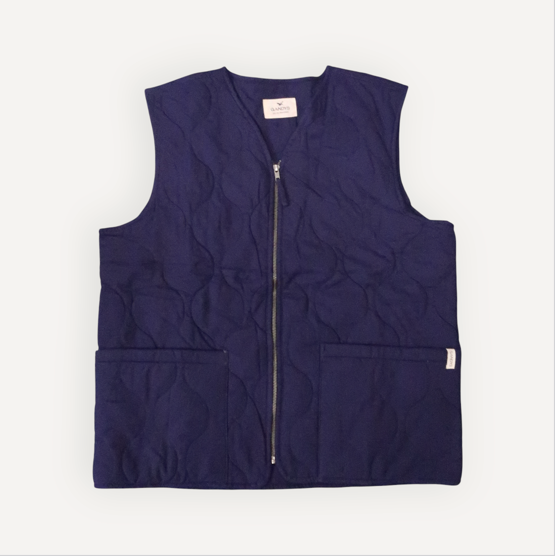 Navy blue vest with a zipper on a white background